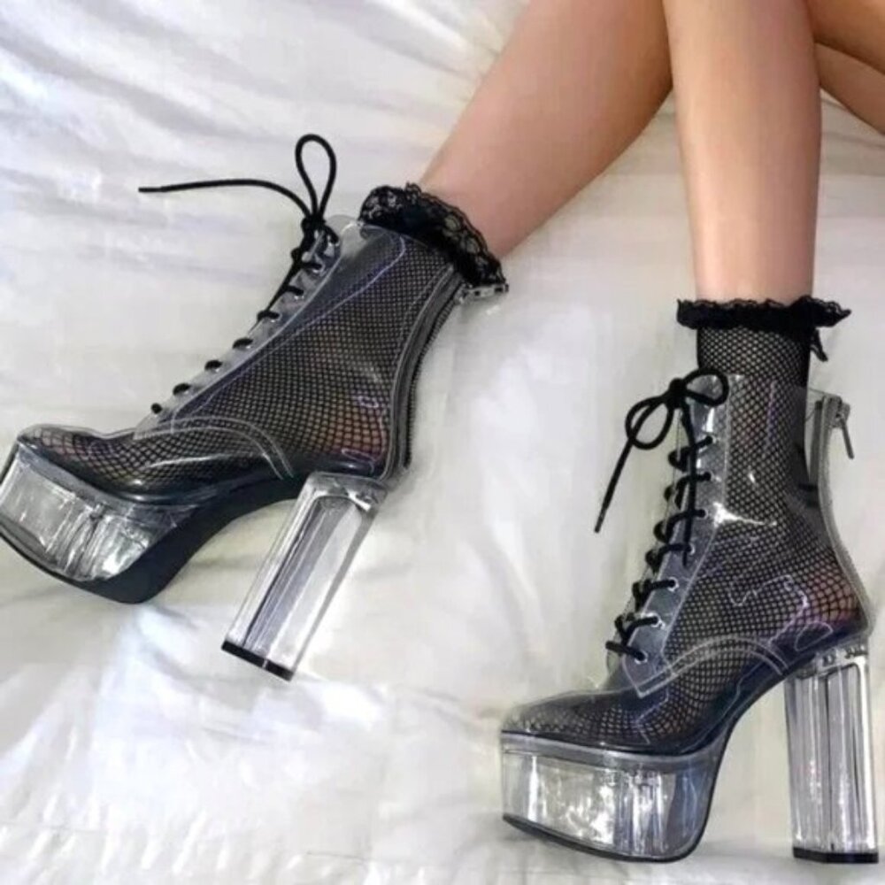 💥KILLER BOOTS!💥DOLLS KILL CURRENT MOOD TRANSPARENT PLATFORM LACE -UP BOOTS - Picture 2 of 16